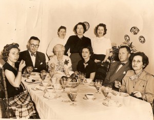 McDaniel family at Sunday lunch at “Far Enough” on Harper Road (Between  Highway 82 and the GM&O railroad)  Taken in the 1940’s Being far enough away from Northport, the farm was named  Far Enough. Standing, L to R,  Mary (Hamner) Fowler, Sara Emma (McDaniel) Snider, Laura  (McDaniel) Young  Seated, L to R, Sue Townsend  (McDaniel) Spencer, Charles Berrien McDaniel, Ruth Smith 	McDaniel, Frances Willard (McDaniel) Schmidt,  Robert Smith McDaniel, Willie Ruth 	(McDaniel) Banks. Most of Ruth Smith’s farm on Harper Road has been developed as residential and commercial 	property. 