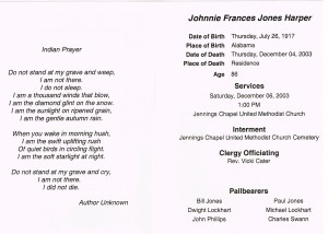 Johnnie Frances Jones Harper Funeral card